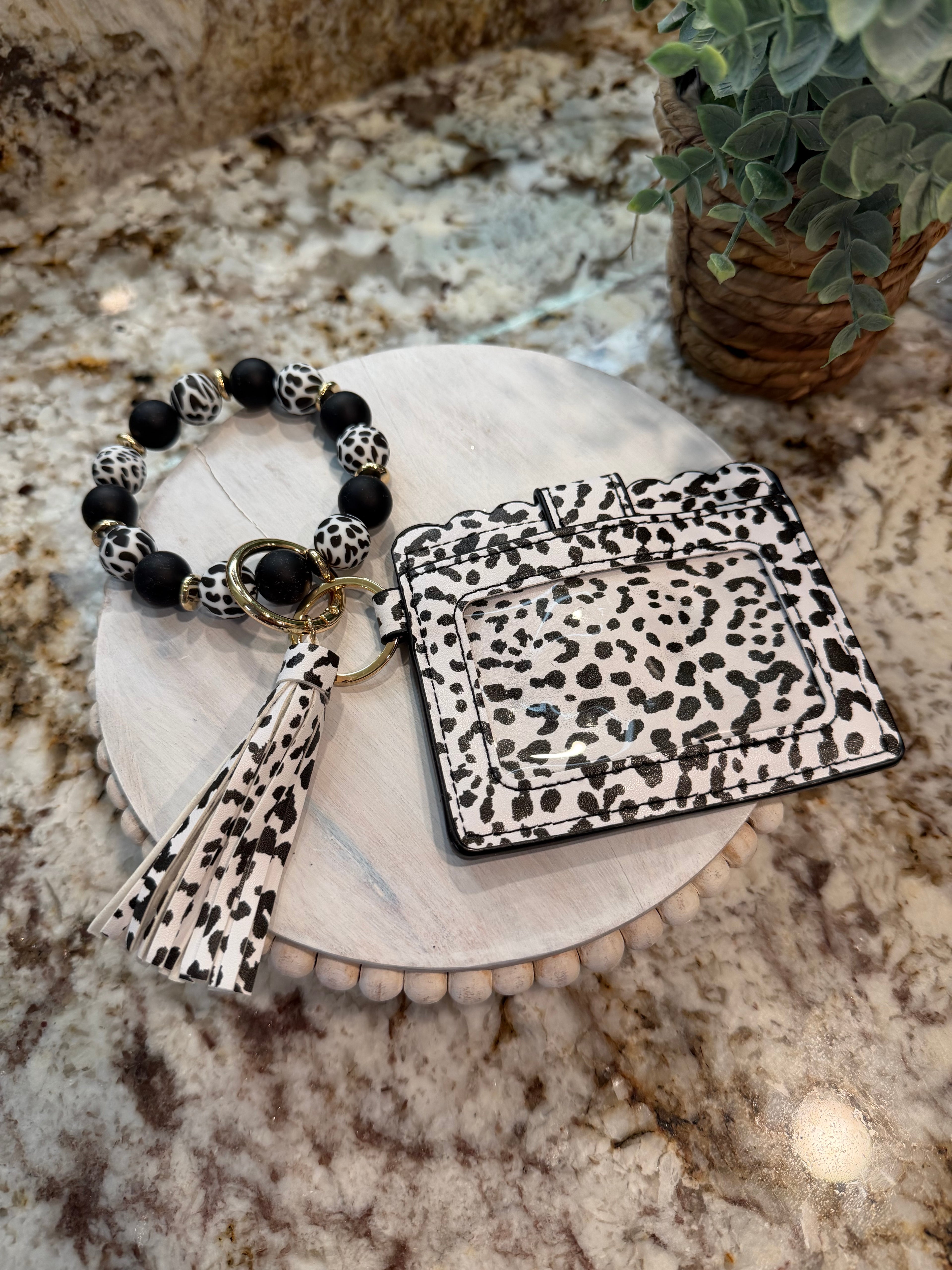 Wristlet ID Badge Pouch Keychain Black/White Cheetah Print