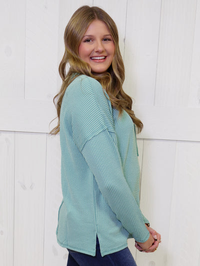 Zenana Ribbed Raw Edge Pocket Top Light Jade