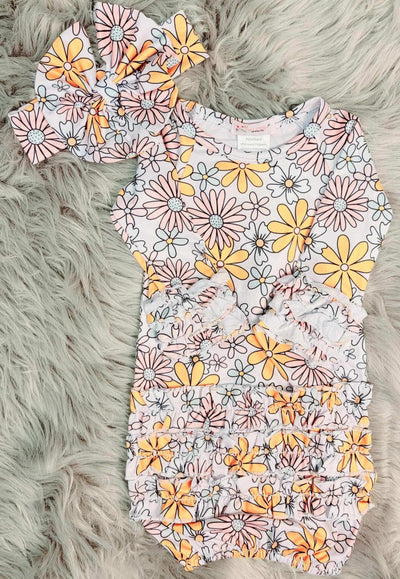 Daisy Print Baby Gown and Headband - Mini Mee Boutique