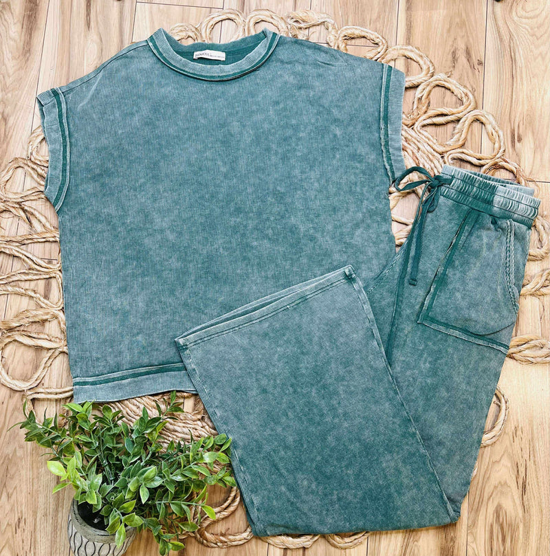 Zenana Ribbed Acid Wash Pants Set Dark Green