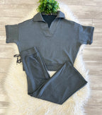 Women’s Zenana Short Sleeve Collared Scuba Set In Charcoal