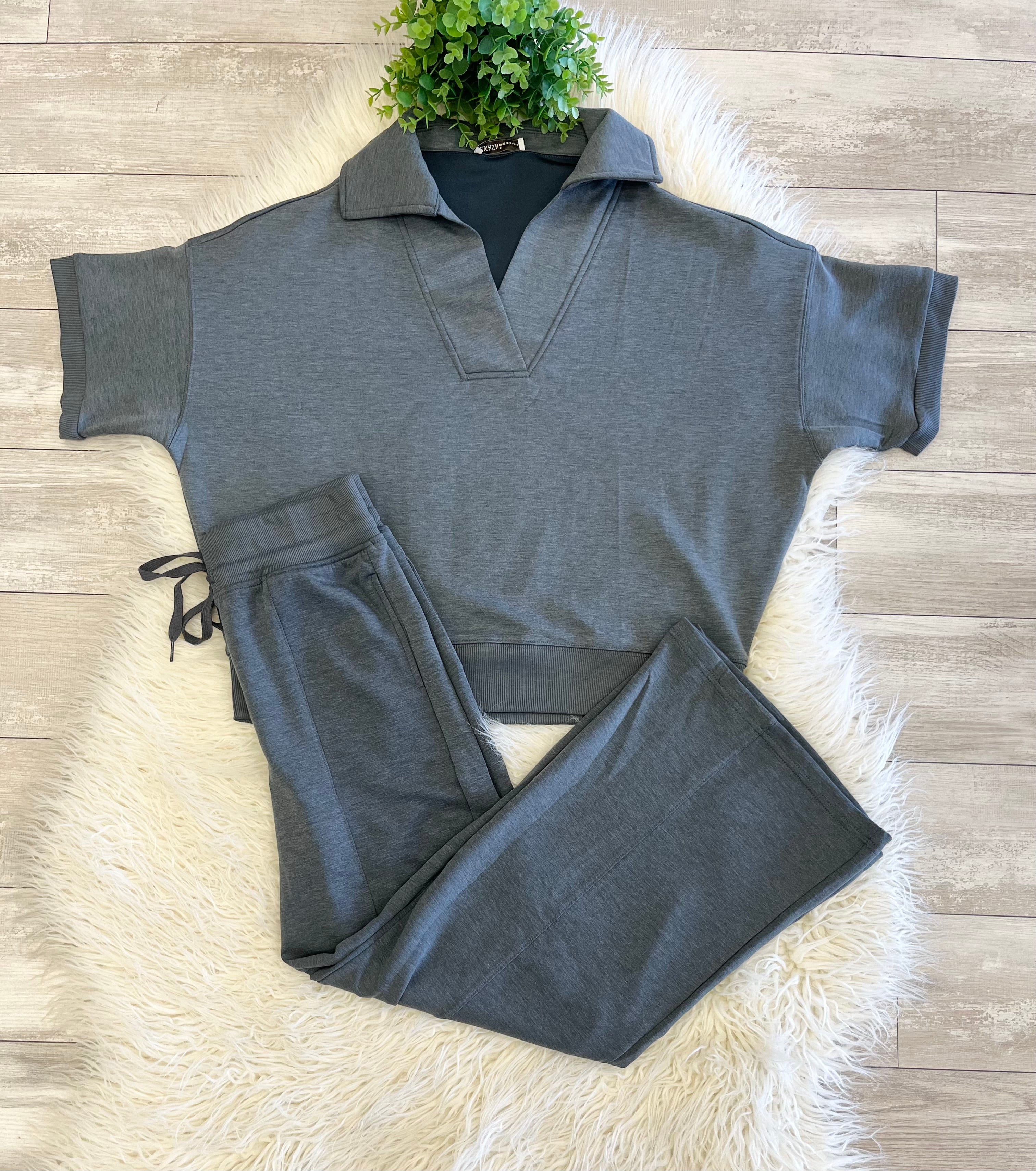 Women’s Zenana Short Sleeve Collared Scuba Set In Charcoal