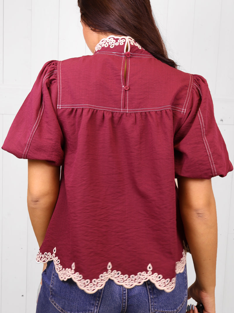 Entro Burgundy Lace Trim Puff Sleeve Top