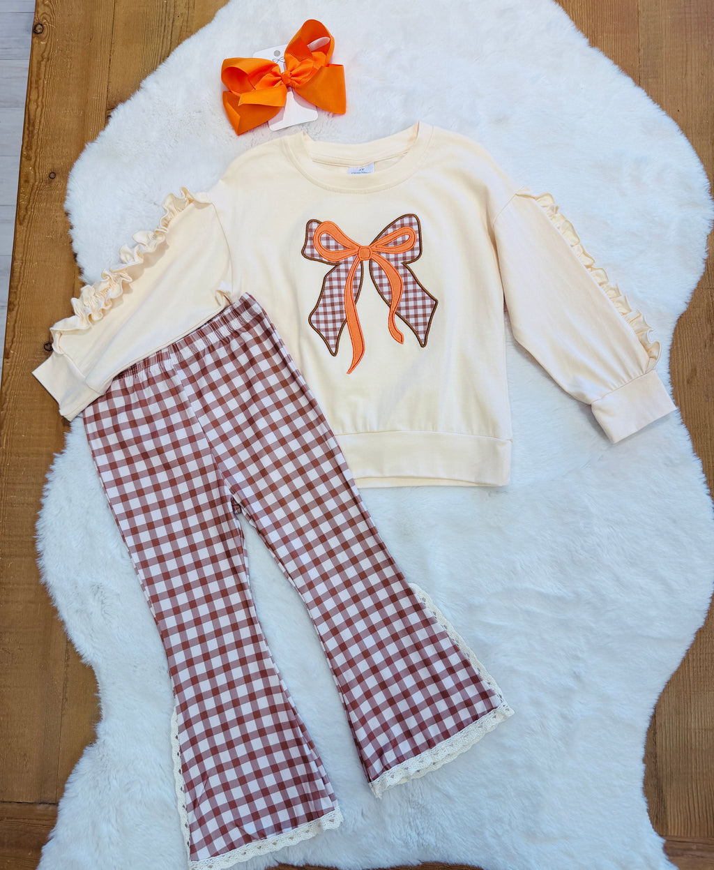 Girls Plaid Fall Bow Flare Pants Outfit