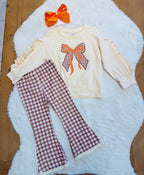 Girls Plaid Fall Bow Flare Pants Outfit