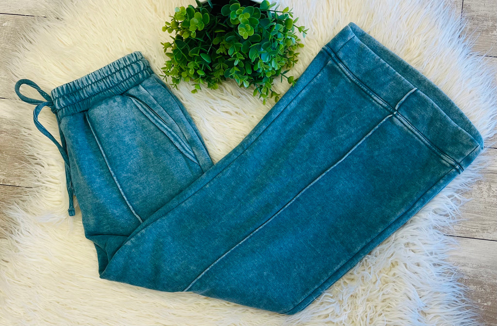 Women’s Zenana Cropped Wide Leg Comfy Teal Acid Wash Pants - True to Size