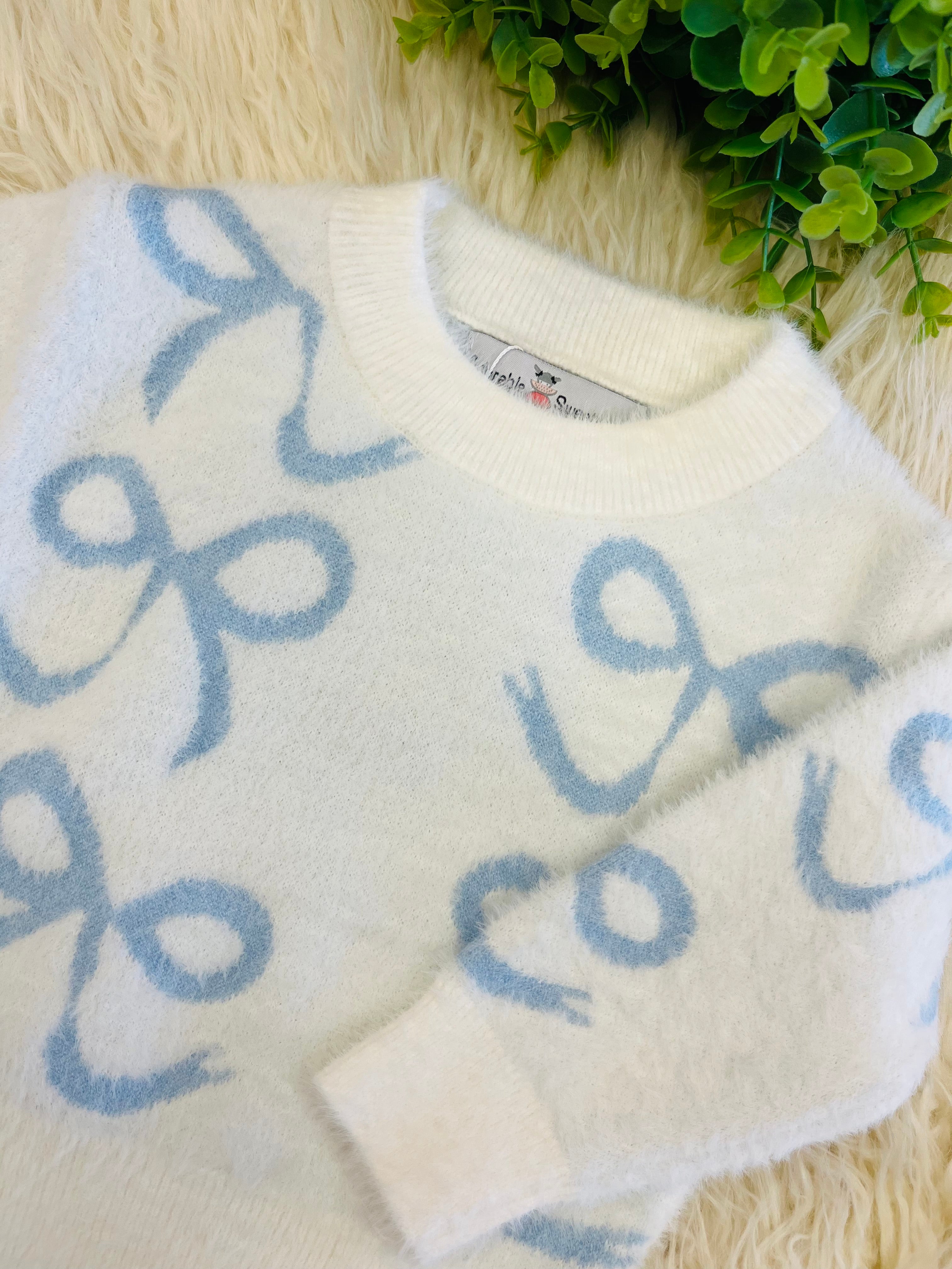 Girl’s Blue Ribbon Bow Knit Sweater