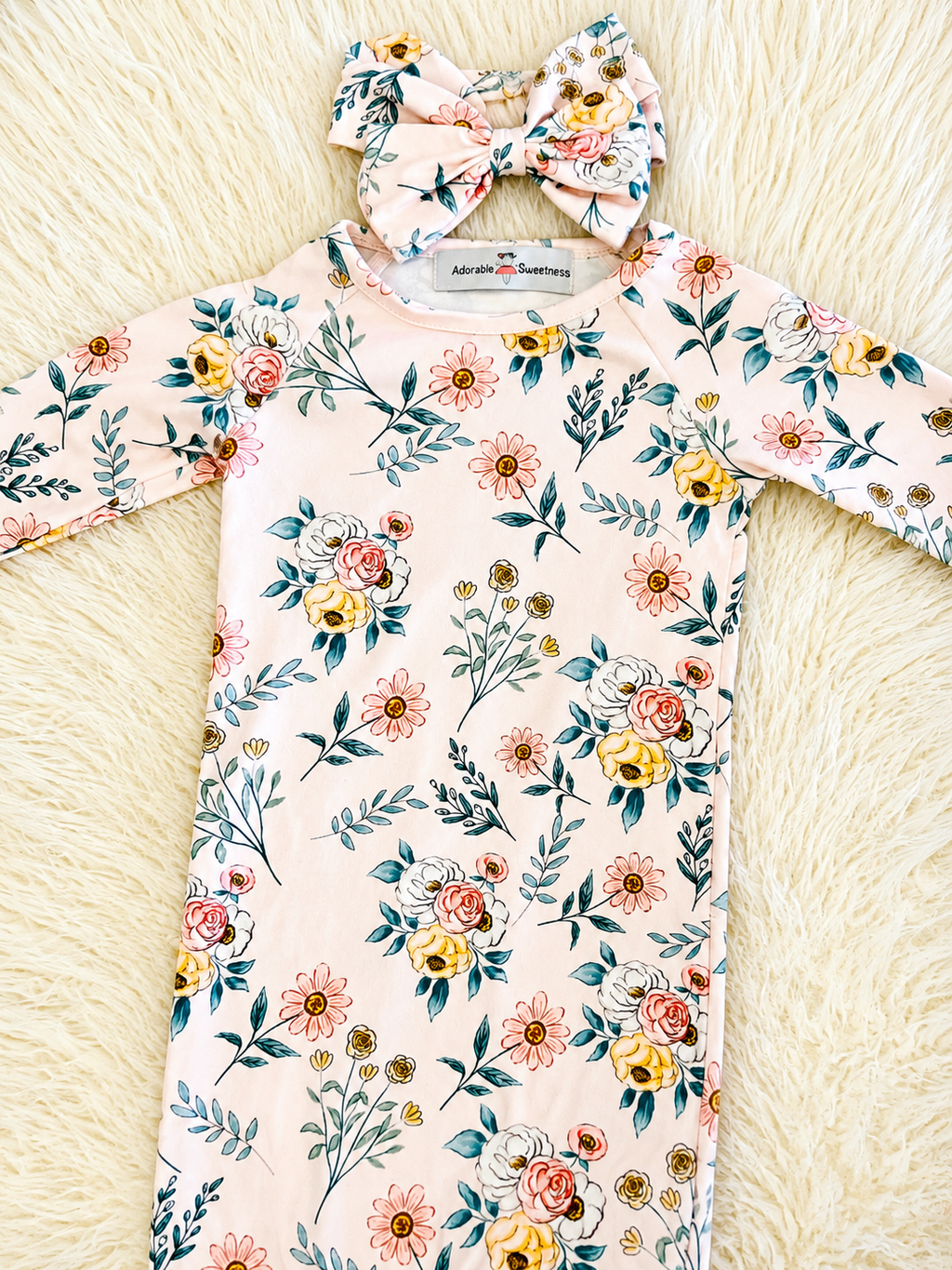 Girl’s Pink Mixed Floral Baby Gown wit Matching Headband
