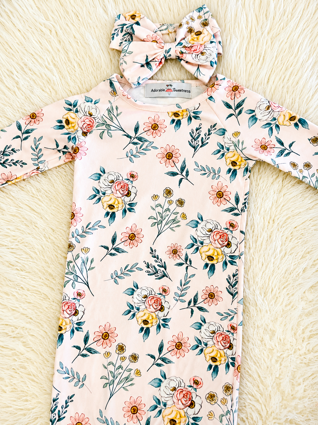 Girl’s Pink Mixed Floral Baby Gown wit Matching Headband