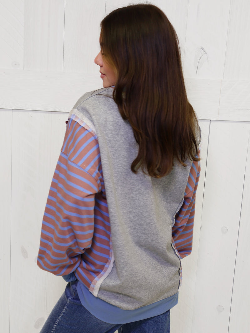 Grey Stripe with red accent Pullover Top