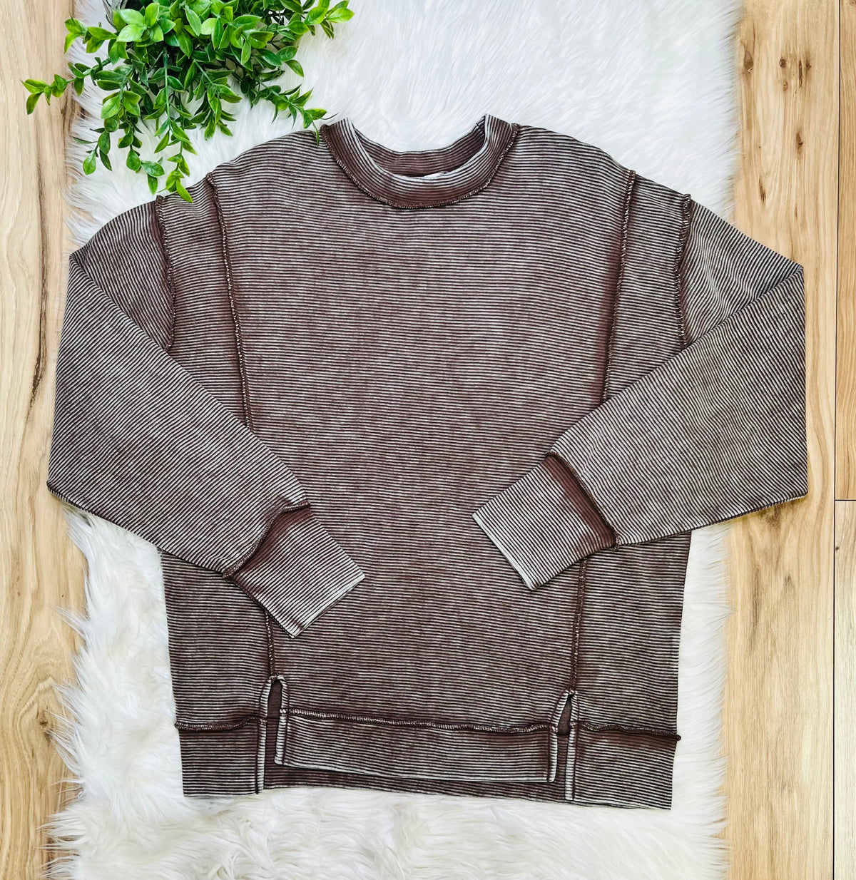 Women’s Zenana Chocolate Ribbed Raw Hem Crewneck Top