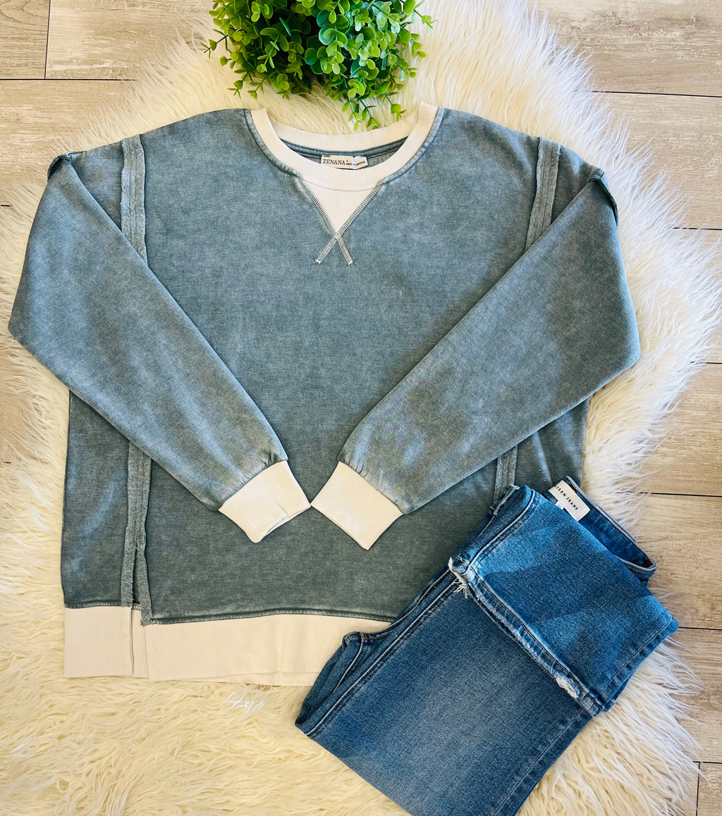 Women’s Zenana Washed Exposed Seam Sweatshirt In Antique Indigo