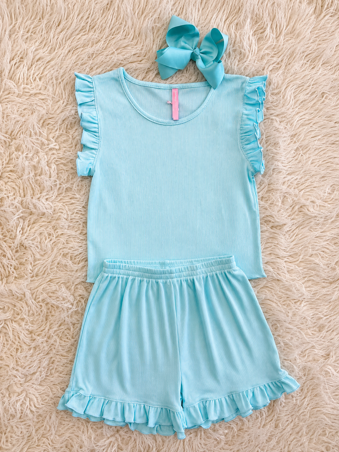 Girls Teal Ruffle Short Set