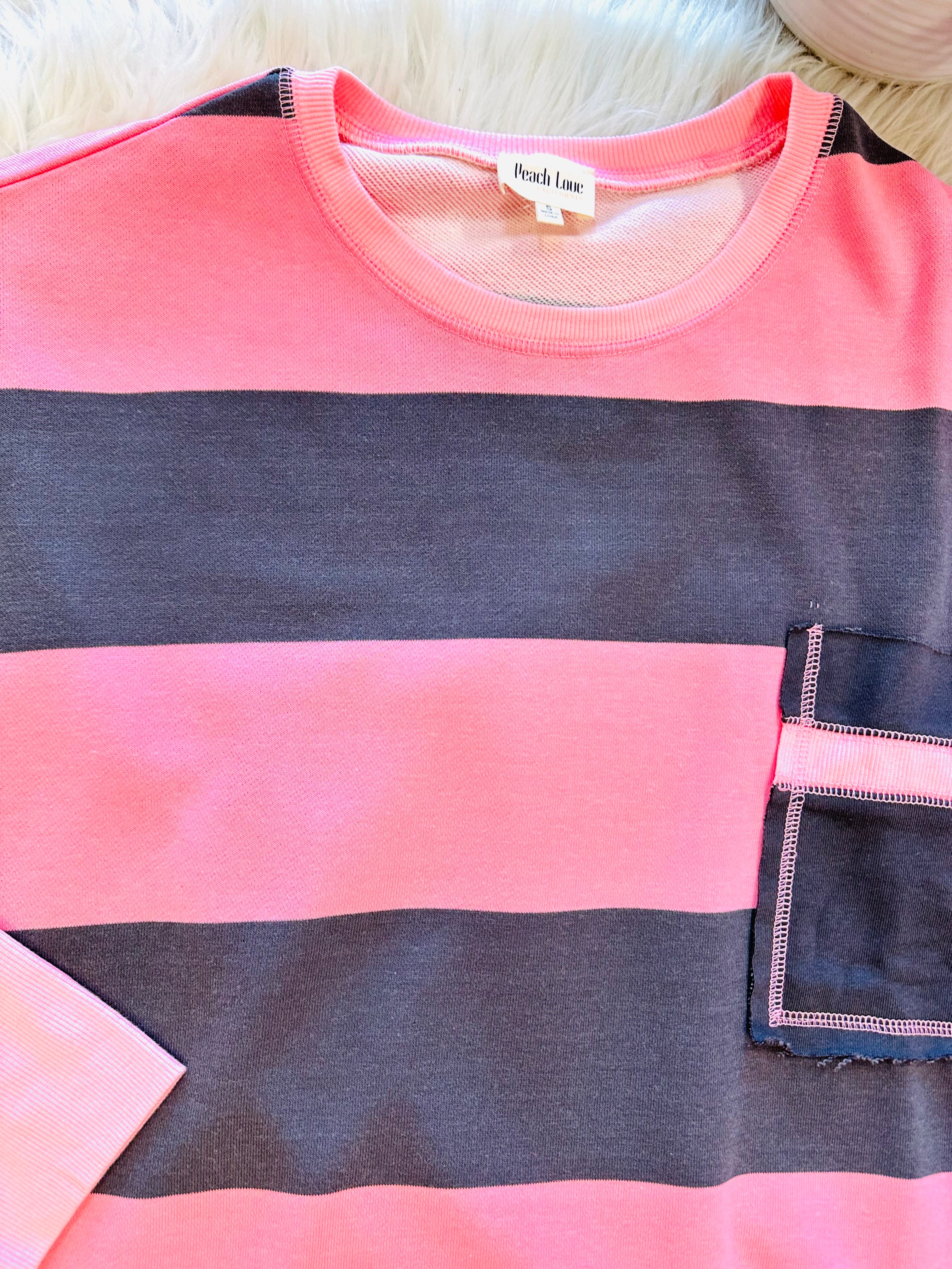 Women’s Peach Love Navy and Pink Striped Sweater Top