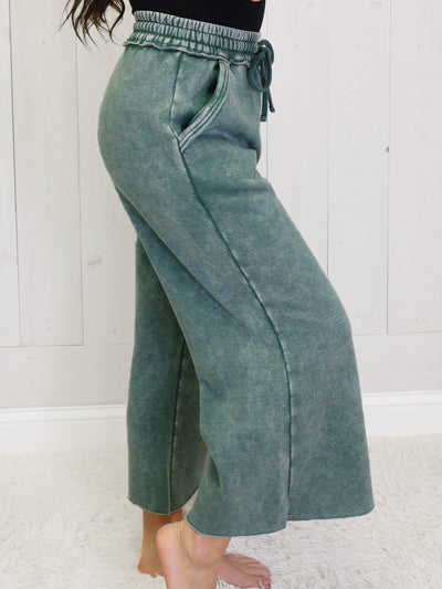 Dark Green Acid Wash Fleece Palazzo pants with pockets