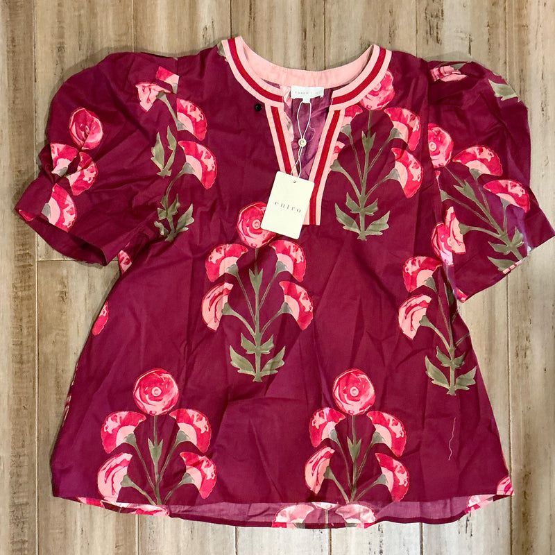 1XL Entro Wine Floral Split Neck Top Clearance
