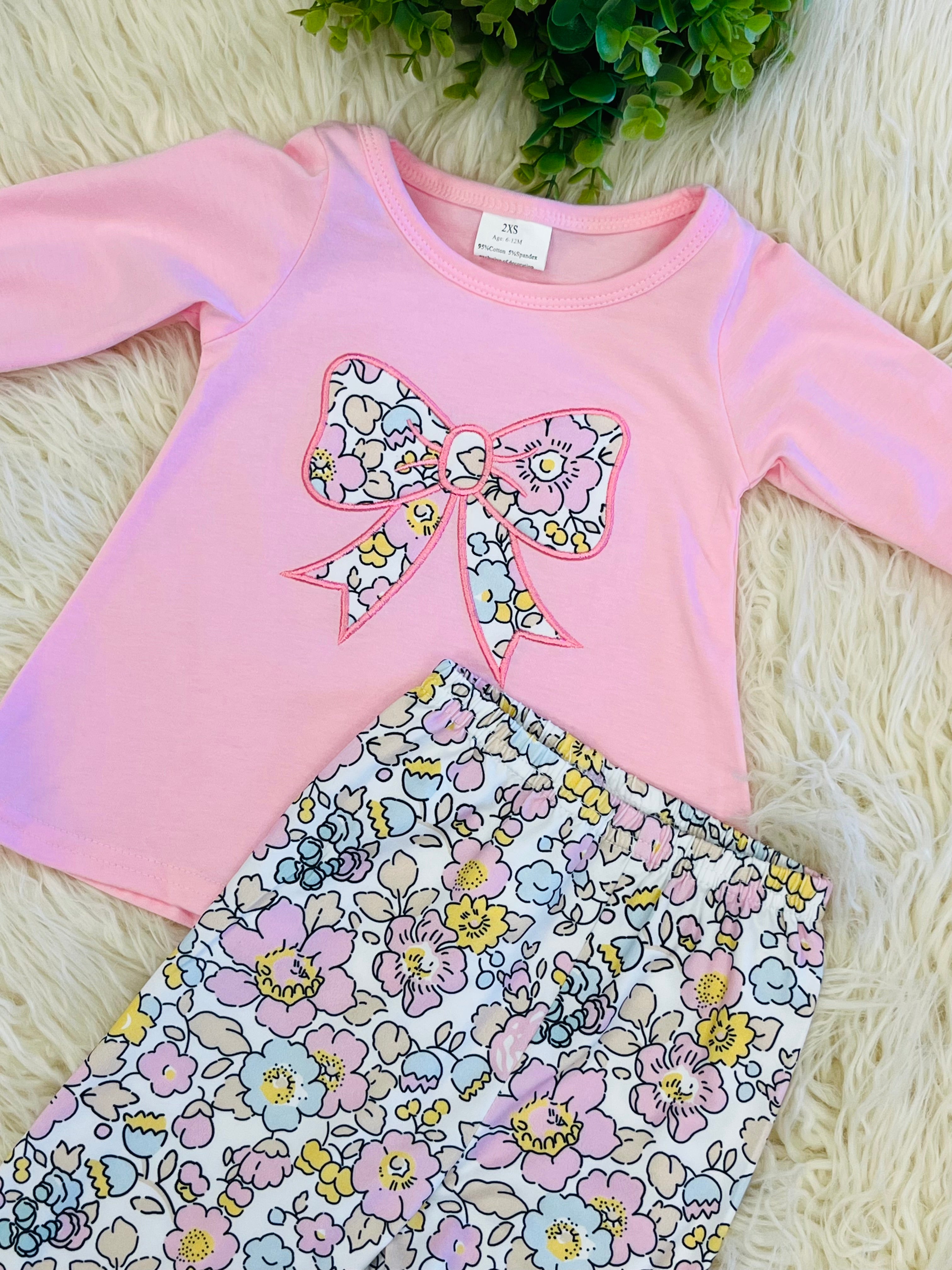 Girls Pink Bow Floral Ruffle Pant Outfit