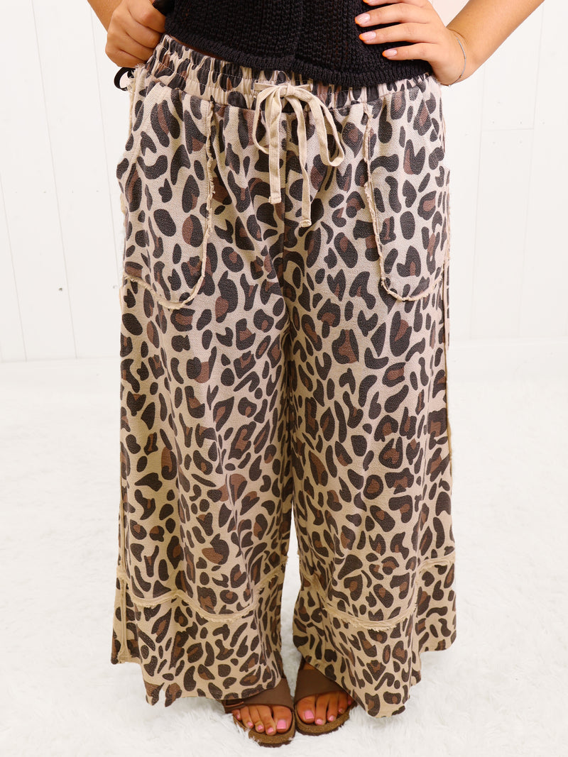 Easel Cheetah Wide Leg Pants - Mushroom