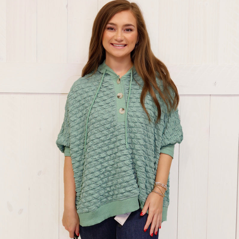 Easel Green Puff Texture Pullover Sweater