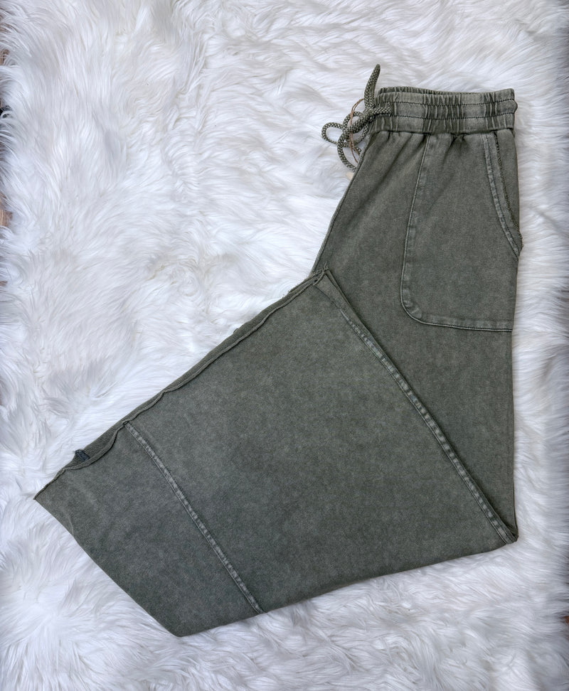 Easel Mineral Washed Wide Leg Drawstring Pants Ash Grey