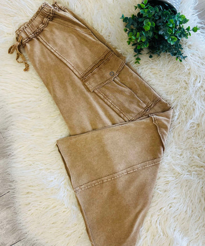 Easel Mineral Washed Wide Leg Drawstring Pants Color Camel