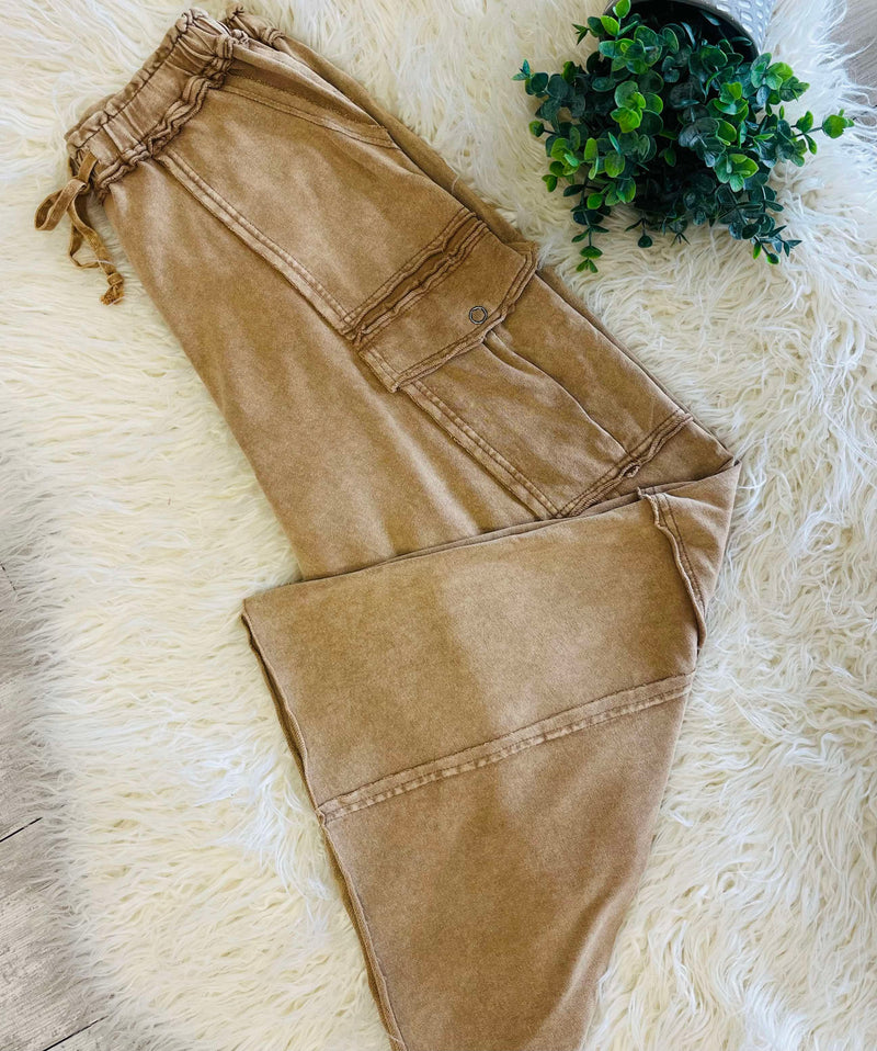 Easel Mineral Washed Wide Leg Drawstring Pants Color Camel