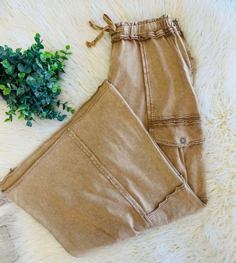 Easel Mineral Washed Wide Leg Drawstring Pants Color Camel