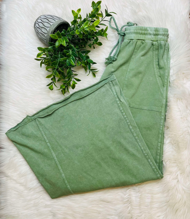 Easel Mineral Washed Wide Leg Drawstring Pants Juniper Green