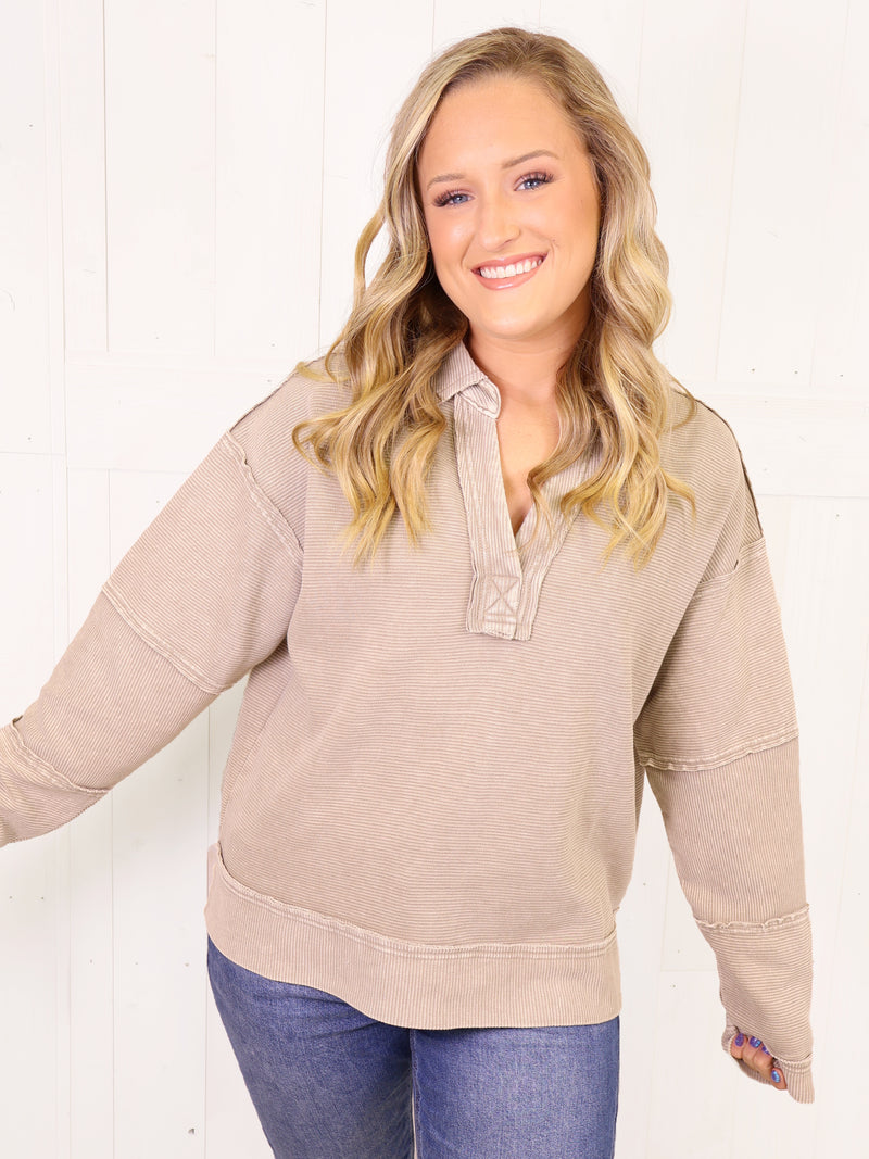 Easel Stone Ribbed Texture V-Neck Top