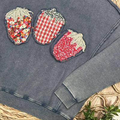 Easel Strawberry Embroidered Patch Pullover Top Sweater