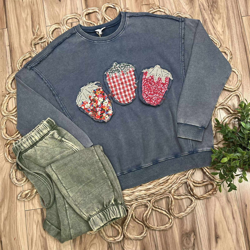 Easel Strawberry Embroidered Patch Pullover Top Sweater