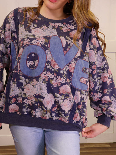 Easel Vintage Rose LOVE Embroidered Sweater Pullover Top