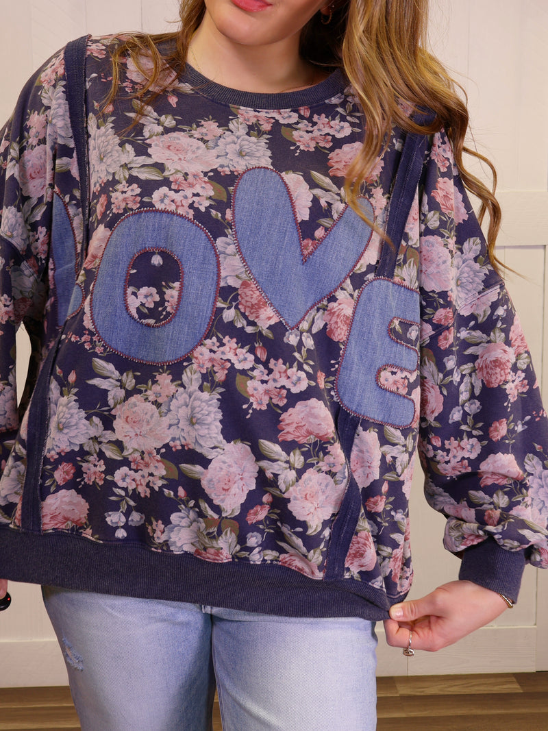 Easel Vintage Rose LOVE Embroidered Sweater Pullover Top