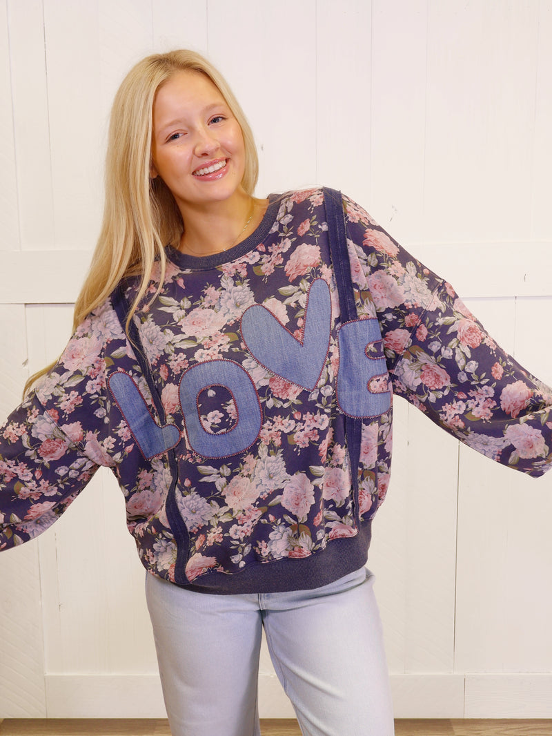 Easel Vintage Rose LOVE Embroidered Sweater Pullover Top