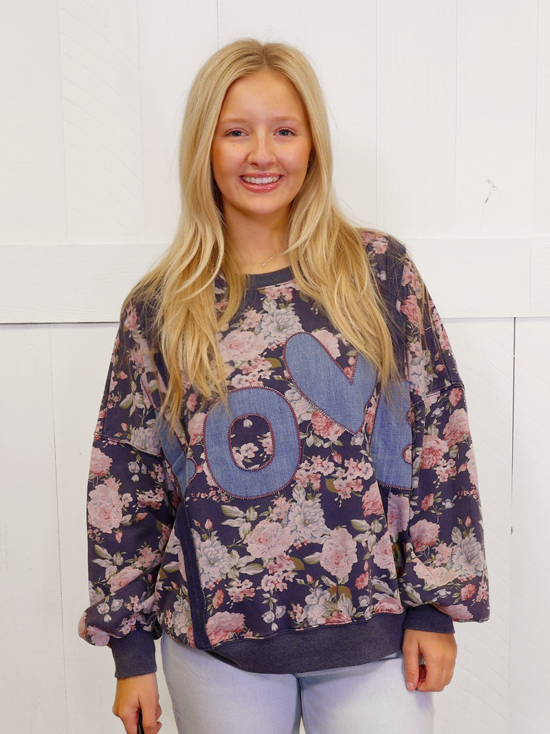 Easel Vintage Rose LOVE Embroidered Sweater Pullover Top