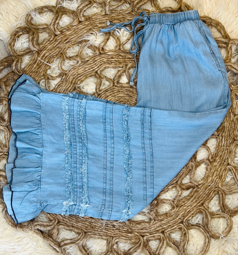 Easel light denim ruffle pants