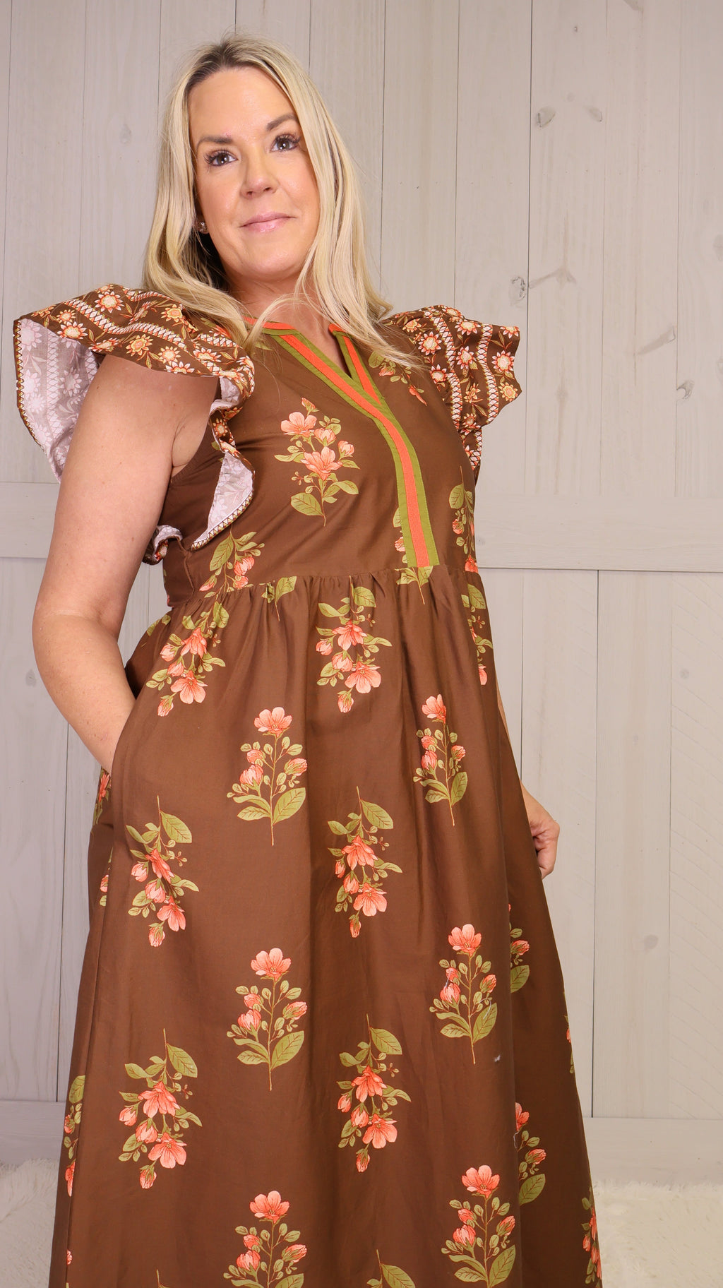Entro Brown V-Neck Midi Dress FW Women's
