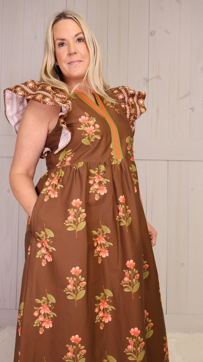 Entro Brown V-Neck Midi Dress