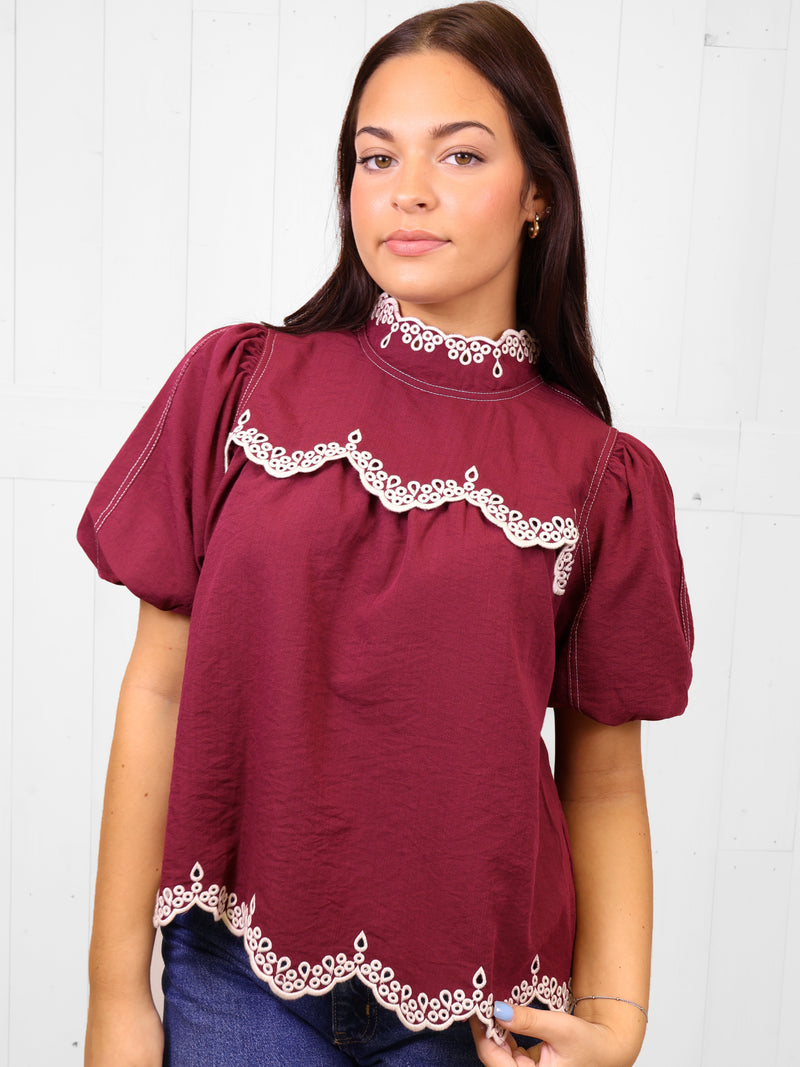 Entro Burgundy Lace Trim Puff Sleeve Top