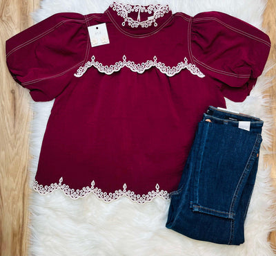 Entro Burgundy Lace Trim Puff Sleeve Top