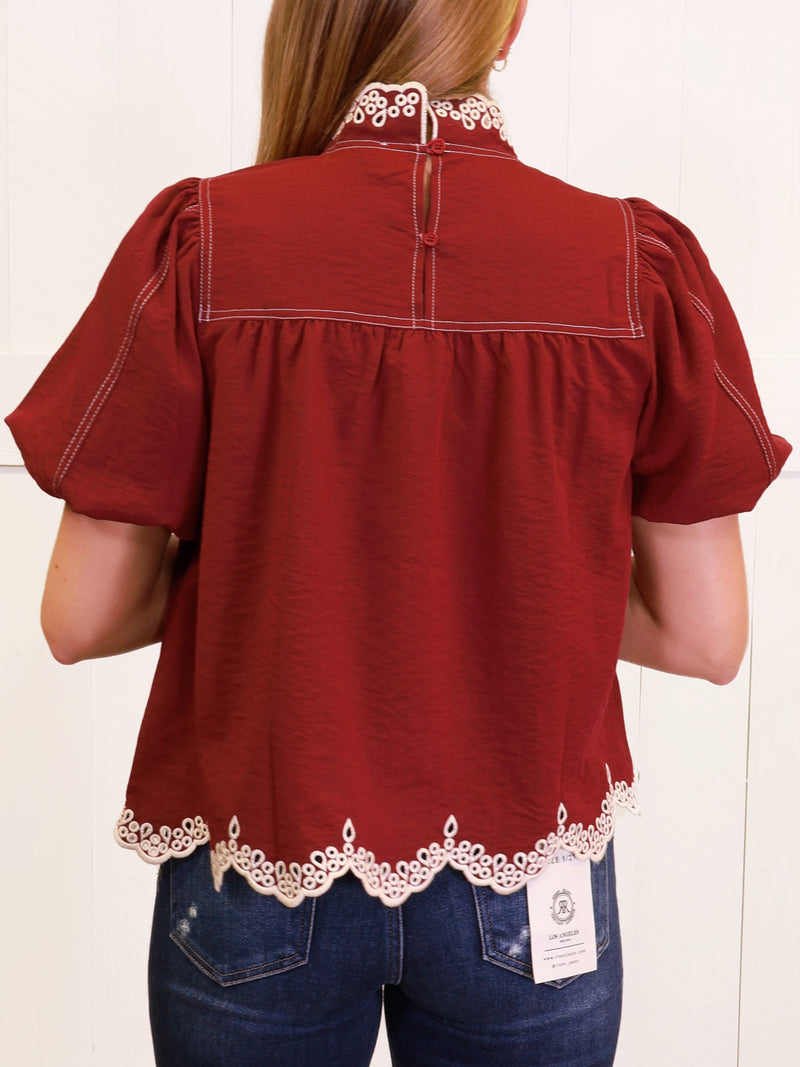 Entro Burgundy Lace Trim Puff Sleeve Top