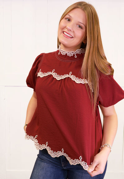 Entro Burgundy Lace Trim Puff Sleeve Top