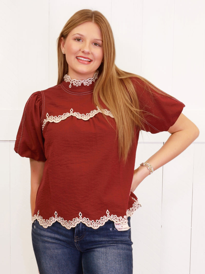 Entro Burgundy Lace Trim Puff Sleeve Top