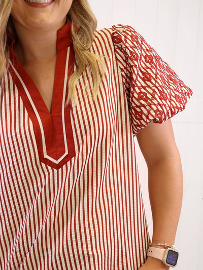 Entro Burnt Orange Mixed Print Puff Sleeve Top