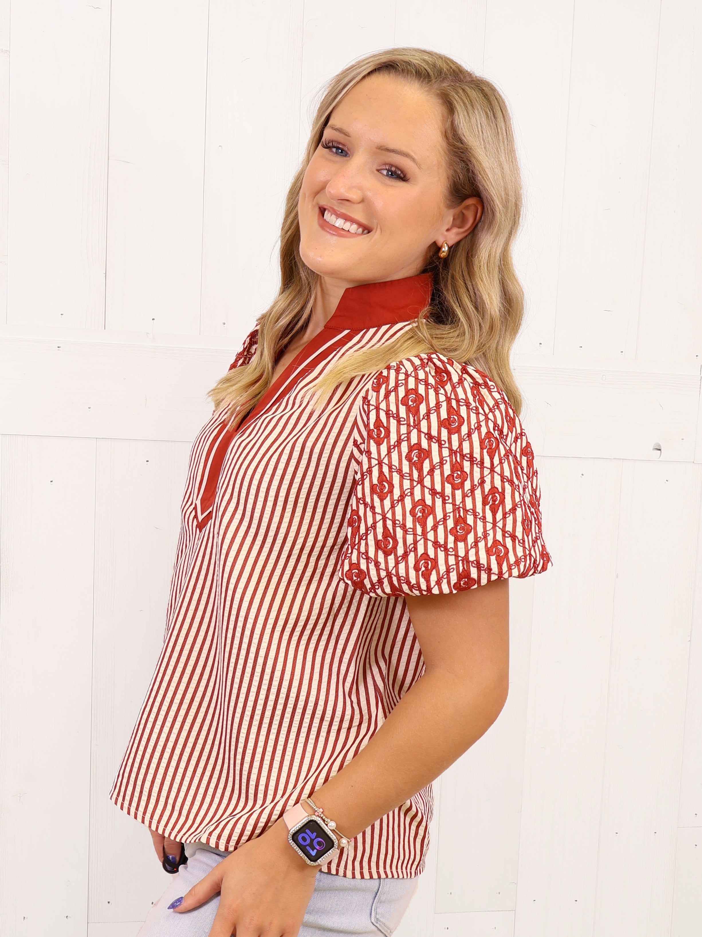 Entro Burnt Orange Mixed Print Puff Sleeve Top