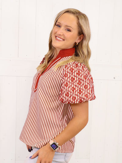 Entro Burnt Orange Mixed Print Puff Sleeve Top