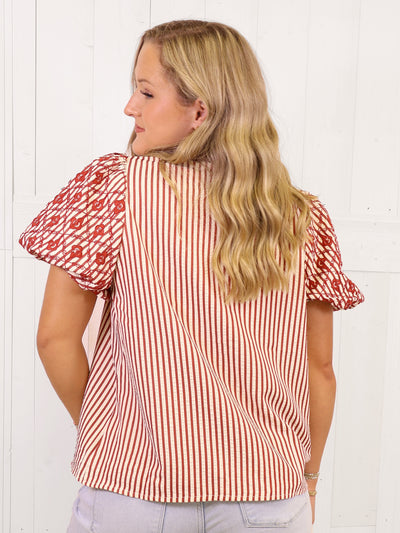 Entro Burnt Orange Mixed Print Puff Sleeve Top