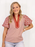 Entro Burnt Orange Mixed Print Puff Sleeve Top