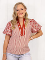 Entro Burnt Orange Mixed Print Puff Sleeve Top