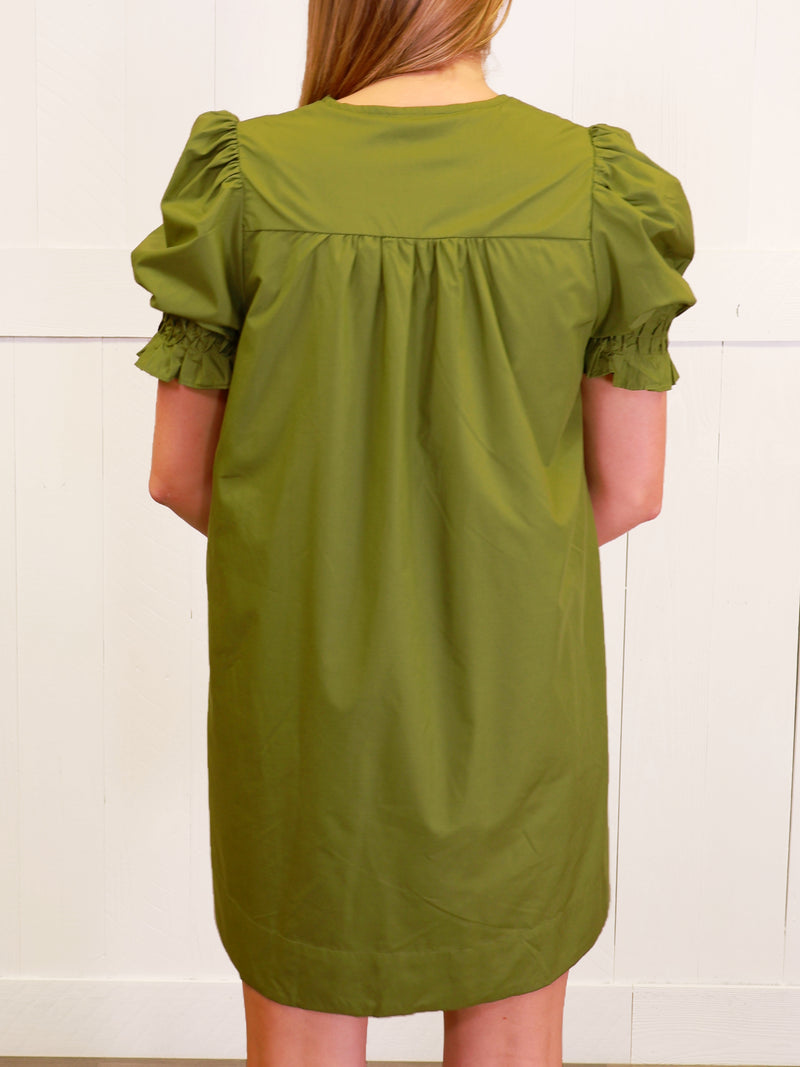 Entro Green Button Down Smocked Neck Dress